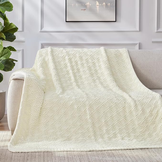 Anysay Knitted Weighted Blanket for Adult, Chunky Knit Throw 40''*60'' 7lbs | Cooling Weighted Blanket for Sleep Breathable Machine Washable Fall Heavy Blanket for Room Decor(Ivory White)