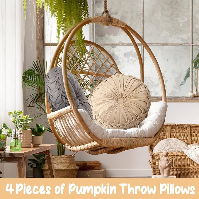 Kathfly 4 Pcs Round Throw Pillows Velvet,Beige, Khaki, Gray, Dark Gray | Pleated Pumpkin Design, Soft Velvet Fabric for Bed Sofa Chair, 14 Inch Diameter Floor Cushion, Elegant Home Decor Accent