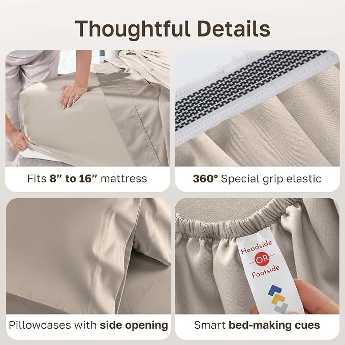 California Design Den 1000 Thread Count Deep Pocket Queen Sheets Set | Backed by Good Housekeeping Seal - 100% Cotton Sateen - Soft, Thick & Heavy, 16" Deep Pocket, Durable - Beige (Sand Tone)