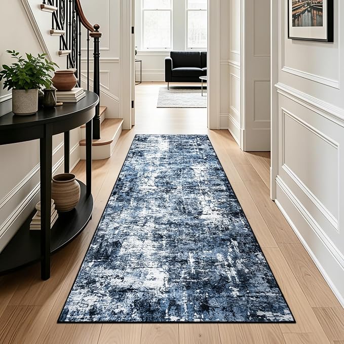 Rugflix 3x8 Runner Rug for Hallway, Washable Navy Blue Long Runners | Machine Washable; Stain-resistant; Low Pile; Non-slip; Modern Abstract; Black Carpet for Entrance Kitchen Hallway Home