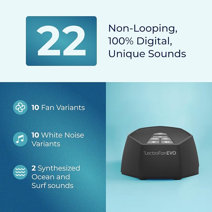 Adaptive Sound Technologies LectroFan EVO Sound Machine, Charcoal | Non-Looping Sound Machine for Sleep with Soothing Noise, Convenient Sleep Timer, Lightweight Build, USB Powered