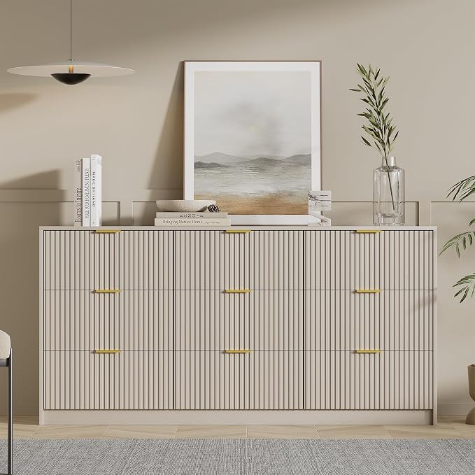 Furniway 9 Drawer Dresser for Bedroom, 63" Wide Dresser with Gold Handles, Modern Wood Chest of Drawers Storage Cabinet, Fluted Long Dresser for Bedroom, Living Room, Hallway, Beige