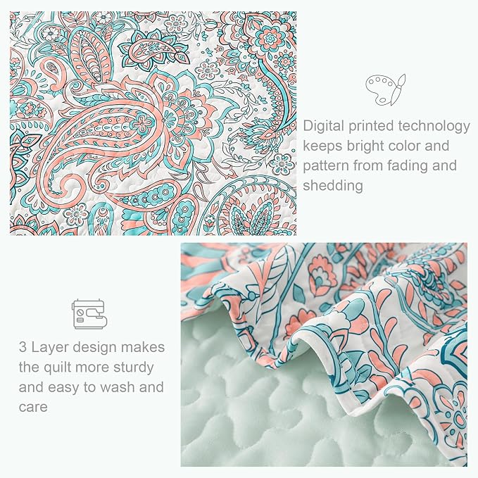 Exclusivo Mezcla Reversible Boho California King Quilt, Aqua | Lightweight Soft Bedspreads, All Season Paisley Coverlet Bedding Set, Printed Floral Pattern, 1 Quilt and 2 Pillow Shams