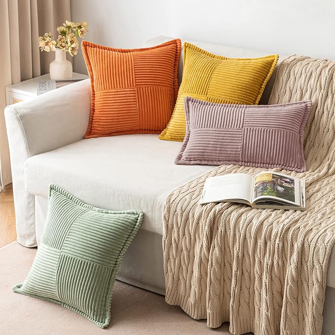 MIULEE Decorative Throw Pillow Covers for Couch 16x16 Inch Blush Pink | 2 Pack, Boho Broadside Striped Patchwork Pillow Covers, Soft Corduroy Cushion Cases, For Sofa Bed Livingroom Home Decor