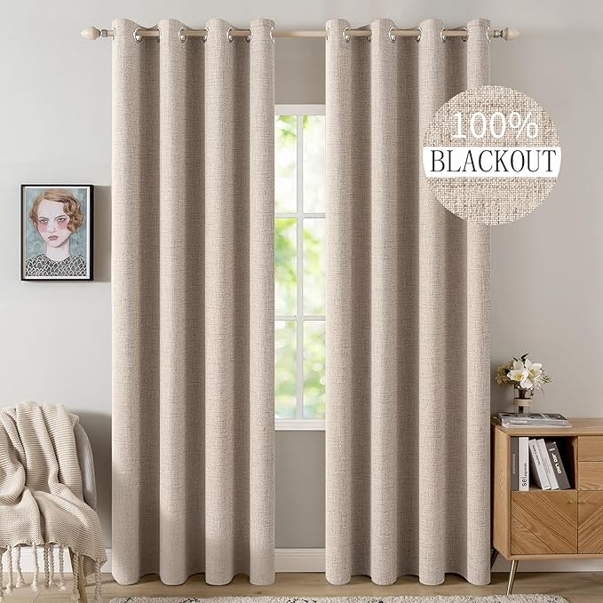 MIULEE 100% Blackout Linen Curtains for Bedroom 52x96 Inches Natural Beige | Room Darkening, Light Blocking, Thermal Insulated, Grommet Top, Linen Textured, Window Curtains for Living Room, 2 Panels