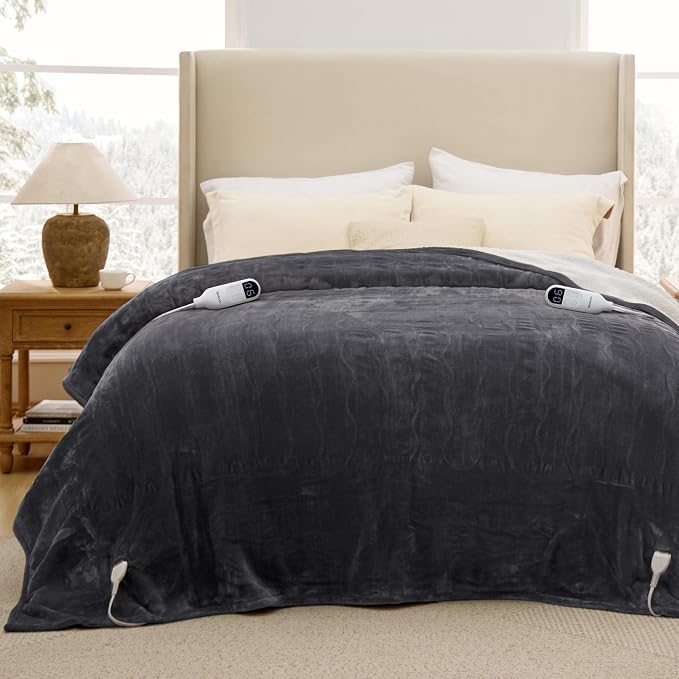 Bedsure Heated Blanket King Size, Dual Control Electric Blanket, Dark Grey | Preheat Function,6 Heat/6 Timer Settings, 8H Auto Shut-Off, ETL/FCC, Soft Flannel Sherpa, Machine Washable, 84x90in