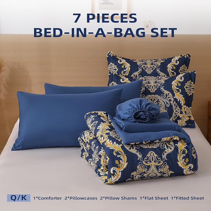 WONGS BEDDING Blue Gold Comforter Set King Size, Damask Texture 7 Pieces Bed in a Bag Microfiber Comforter Bedding Sets -1 Comforter, 1 Flat Sheet, 1 Fitted Sheet, 2 Pillow Shams, 2 Pillowcases