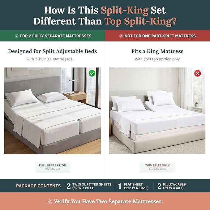 California Design Den 600 Thread Count Split King Bed Sheet Set, 5 Pcs Set | 100% Cotton Sateen, Good Housekeeping Seal, Split King Sheets Sets for Adj. Bed with 2 Sep. Twin-XL Mattresses - Light Grey