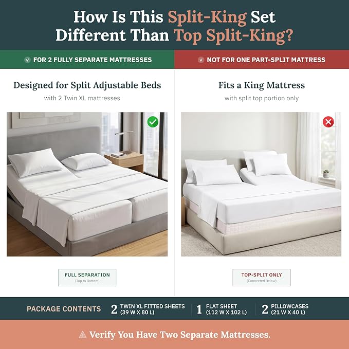 California Design Den Luxury 800 Thread Count Split King Bed Sheets, 5 Pcs | 100% Cotton Sateen, Good Housekeeping Seal, Split King Sheets Sets for Adj. Bed with 2 Sep. Twin-XL Mattresses - Dusty Blue