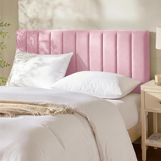 Nestl Upholstered Full Headboard - Easy Assemble Channel Stitched Headboard Full Size - Wall Mounted Headboards with 3D Soundproof Wall Panels Peel & Stick Floating Headboards, Pink