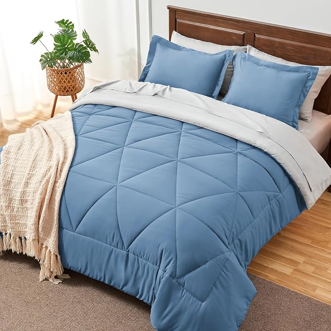 BEDELITE King Comforter Set 7 Pieces, Reversible Blue Bed in A Bag | Soft All Season Down-Alternative Comforter, Sheets, Pillowcases & Shams, OEKO-TEX Certified Bedding for Bedrrom, Guest Room