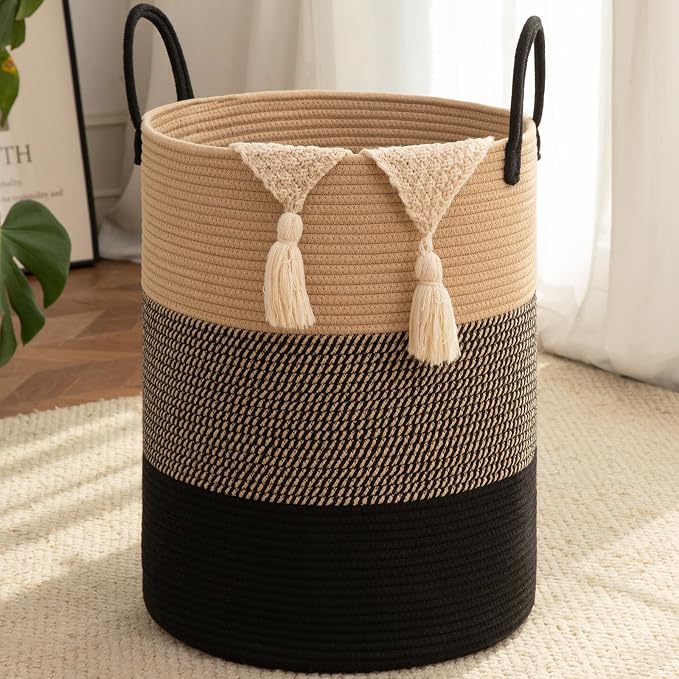 OIAHOMY 100L Nursery Hamper Laundry Basket Laundry Hamper Yellow/Black | collapsible Blanket Basket Cotton Rope Woven Basket Dirty Clothes Hamper Baby Hamper Tall Clothes Hamper with Handles