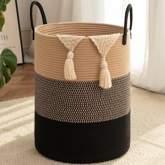 OIAHOMY 80L Nursery Hamper Laundry Basket Laundry Hamper Yellow/Black | collapsible Blanket Basket Cotton Rope Woven Basket Dirty Clothes Hamper Baby Hamper Tall Clothes Hamper with Handles