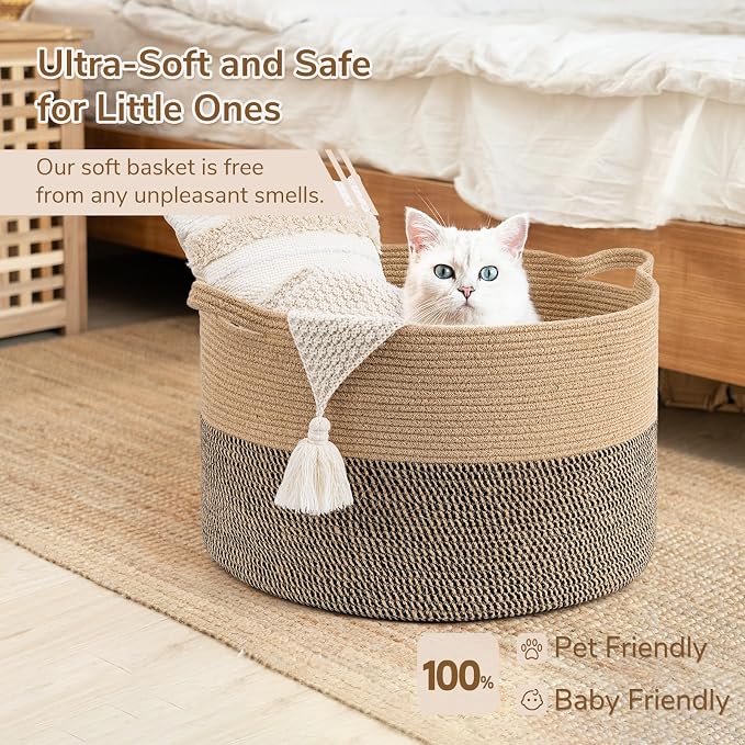 INDRESSME XXXLarge Woven Wicker Blanket Basket Living Room Black Jute, 90L | Wicker baskets for organizing shoe, dog toys & pillows. For living room bedroom or nursery decor. soft-touch with handles