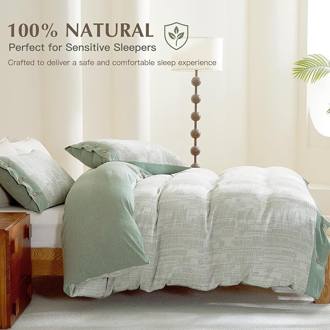 Oli Anderson 100% Egyptian Cotton Duvet Cover Queen Size, Green, 3 Pieces | Yarn Dyed Jacquard Textured Bedding Set, Striped Boho Design, Pre-Washed, Button Closure, Soft Breathable, All Season Comfort