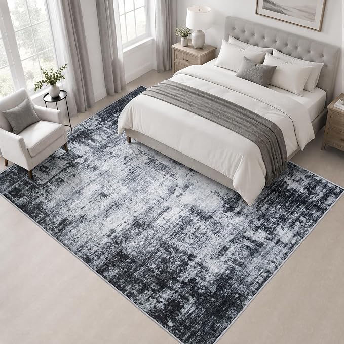 Area Rug Living Room: 8x8 Modern Washable Soft Carpet Dark Black | For Bedroom Dining Room Farmhouse Nursery Hallway Office,Modern Abstract,Machine washable,Non-Slip,Stain Resistant,Indoor