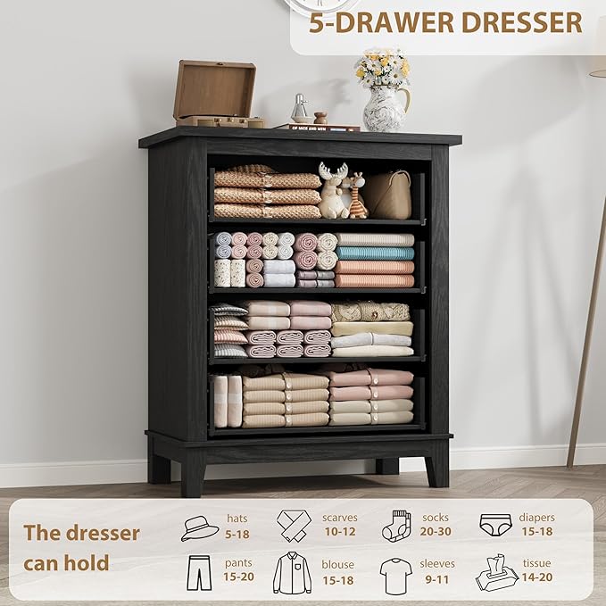 GarveeHome 4 Dresser for Bedroom, 34.8" Tall Vertical Drawer Dresser with Large Storage, Freestanding Wooden Closet Chest for Bedroom, Living Room, Black