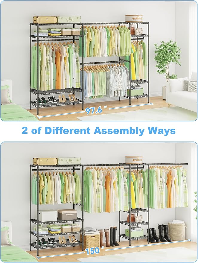 Ulif E11 Heavy-Duty Garment Rack, Metal Clothes Rack, Load 1034lbs, Black | Freestanding Expandable Closet Storage Organizer System with 8 Shelves and 4 Hanger Rods, (73.2-97.6)"W x 14.5"D x 71.2"H