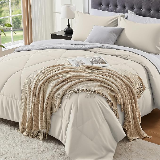 BEDELITE Twin Comforter Set 5 Pieces, Reversible Beige Bed in A Bag | Soft All Season Down-Alternative Comforter, Sheets, Pillowcases & Shams, OEKO-TEX Certified Bedding for Bedrrom, Guest Room