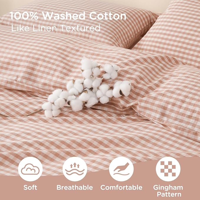 TOCOMOA Gingham Duvet Cover Set 100% Washed Cotton Like Linen, Queen | Linen-Like Feel Soft, Breathable & Comfy for All Season. Pink Brown Fall Bedding Set with Zipper & 8 Ties. 3 Pcs, No Insert