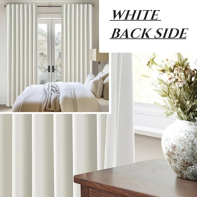 QJmydeco Beige White Linen Curtains 92 Inches Long 2 Panels Set, Modern Neutral Nursery Blackout Curtains for Kids Bedroom Thermal Drapes for Summer Heat Noise Reducing Hook Belt&Back Tab(W50 x L92)