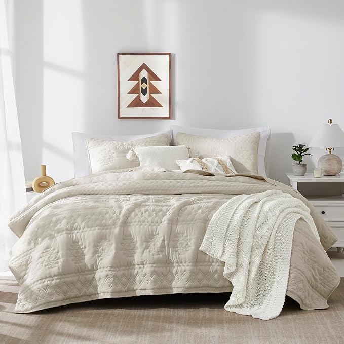 WDCOZY Beige Boho Oversized California Cal King Size Quilt Bedding Set with 2 Pillow Shams, Farmhouse Lightweight Soft Bedspread Coverlet for All Season, 3 Pieces