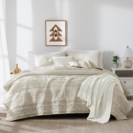 WDCOZY Beige Boho Oversized California Cal King Size Quilt Bedding Set with 2 Pillow Shams, Farmhouse Lightweight Soft Bedspread Coverlet for All Season, 3 Pieces