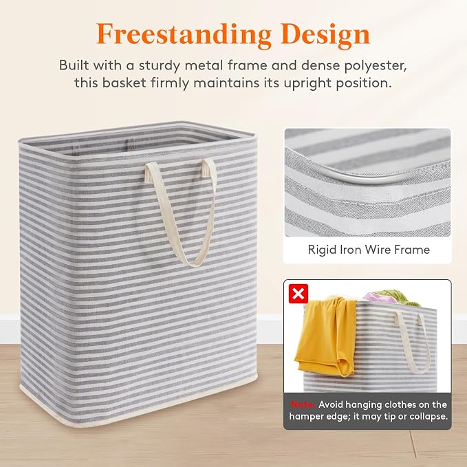 Lifewit 105L Large Collapsible Laundry Basket with Extended Handles, Grey | Foldable Laundry Hamper, Tall Dirty Clothes Basket, Waterproof, Freestanding Design for Bedroom, Bathroom, College Dorm
