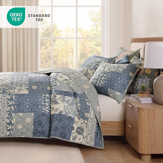 Twin Quilt Set-2 Pieces Soft Twin Bedspread Floral Patchwork Quilt | Lightweight Blue Quilt, Reversible Vintage Floral Bedding Set, All Seasons Bed Coverlet with 1 Pillow Sham, 66"x92"