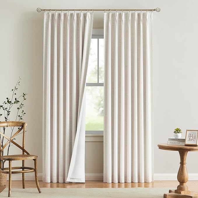 Vision Home Natural Pinch Pleated Full Blackout Curtains Linen Blended Room Darkening Window Curtains 108 inch for Living Room Bedroom Thermal Insulated Pinch Pleat Drapes with Hooks 40" Wx108 Lx2