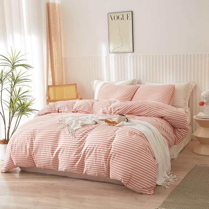 Striped Comforter Set Queen Size Fluffy Soft Striped Bedding Comforter Pink White Stripes Pattern Queen Comforter for All Season Lightweight Bedding Comforter 3 Pieces Boho Stripe Comforter Set