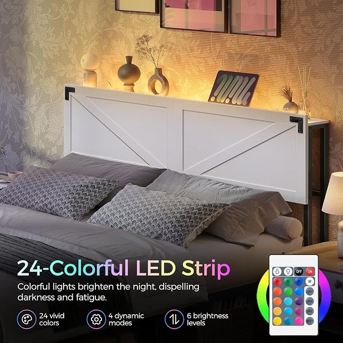 MAHANCRIS Queen Headboard with Charging Station, LED Light and Storage | Farmhouse Wooden Bed Head with Bed Frame Adapter LED Adjustable Brightness and Color Modes Easy Assembly White