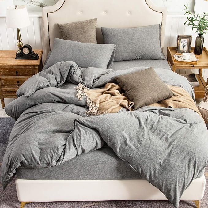 PURE ERA Jersey Knit Sheet Set Heather Dark Grey King | 100% Cotton, 3 Piece Set, T Shirt Soft, Breathable, Envelope Closure Pillowcases, Hidden Zipper, 8 Ties, No Insert, Modern