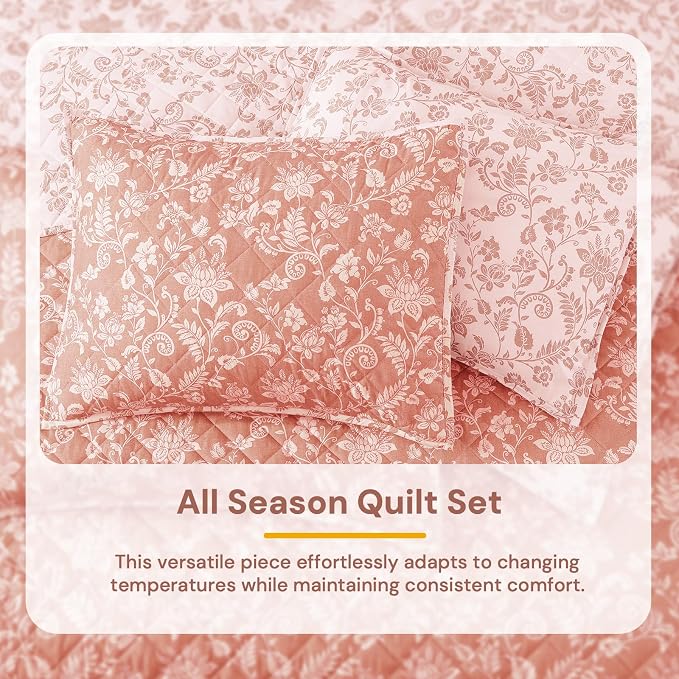 BLOOMHAVEN King Quilt Set-3 Pieces Soft Bedding Floral Reversible Coverlet | All Seasons Lightweight Quilts Queen Size for Bed, Breathable Vintage Bedspread with Shams, Clay Pink