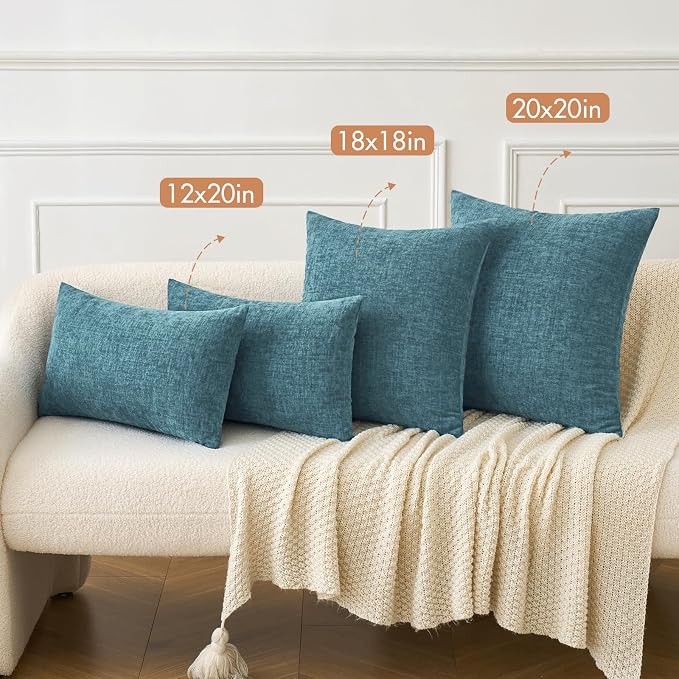 MIULEE Soft Chenille Lumbar Throw Pillow Covers Blue Ashes 12x20 Pack of 2 | Modern Coastal Home Decor, Classic Decorative Pillows, Solid Dyed Cases, Boho Couch Cushion Covers for Sofa Bed Living Room