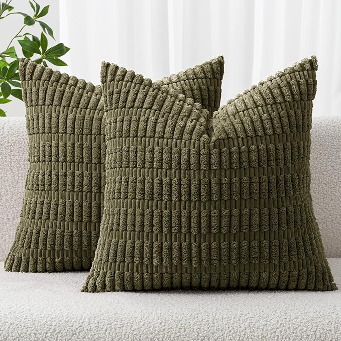 MIULEE Corduroy Decorative Throw Pillow Covers 20x20 Olive Green Pack of 2 | Soft Boho Striped Pillow Covers Modern Farmhouse Home Decor For Sofa Living Room Couch Bed