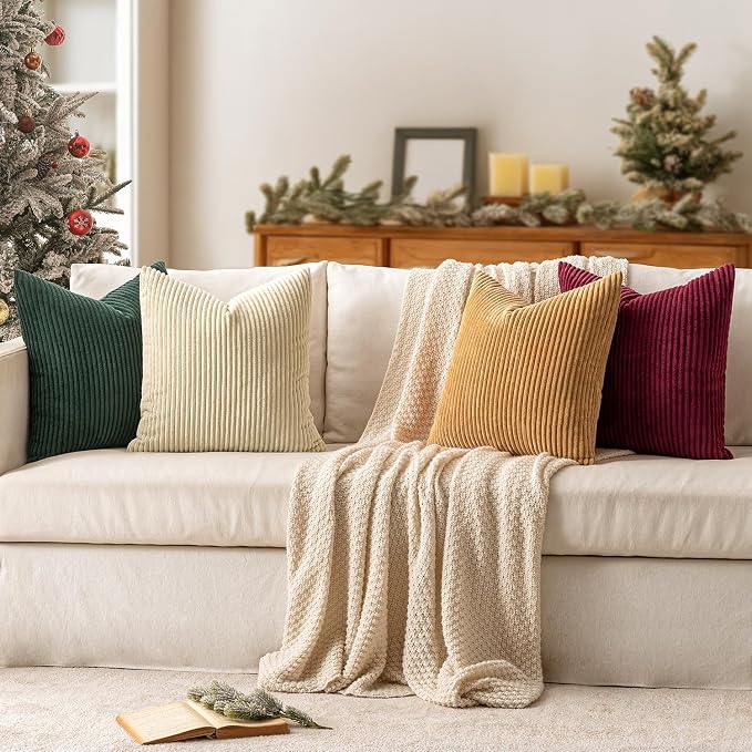 MIULEE Corduroy Decorative Throw Pillow Covers Christmas Red Green 18x18 | Set of 4, Mordern Nordic Christmas Decor, Green Red Accent Set, Boho Farmhouse Cushion Covers for Couch Bed Sofa Living Room