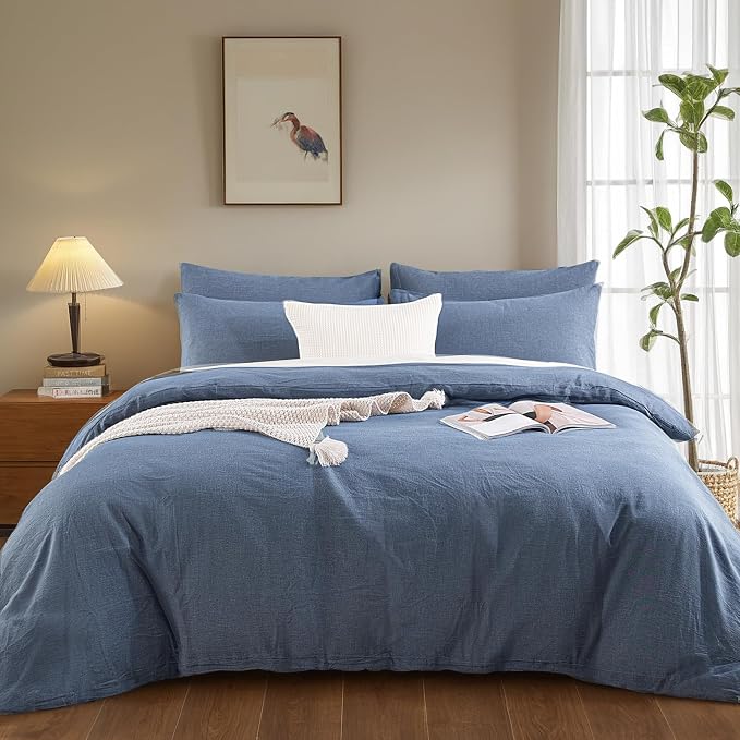 NEXHOME PRO Duvet Cover Twin 100% Washed Cotton, Heathered Blue Breathable, Durable, Textured, Linen Like, Home Bedding Set 68"x90"