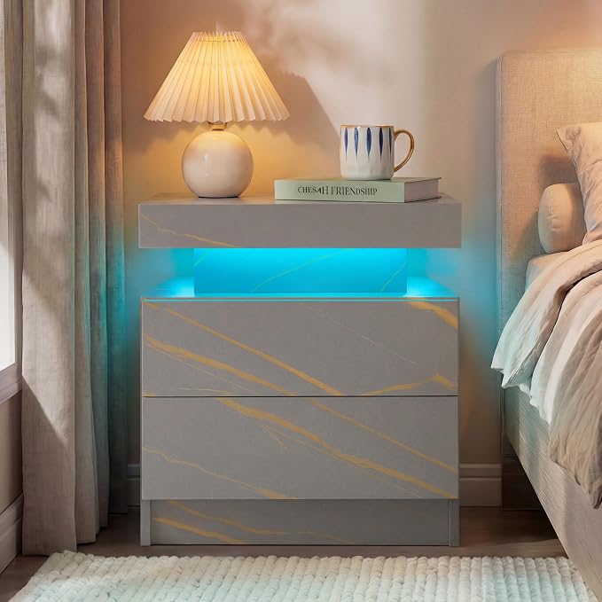 i-aplus Gray Modern LED Nightstand Set of 2 with 2 Wood Drawer for Bedroom | Nightstands with App-Controlled RGB LED Lights, Night Stand with Storgae Drawer, Modern Bedside Table for Bedroom