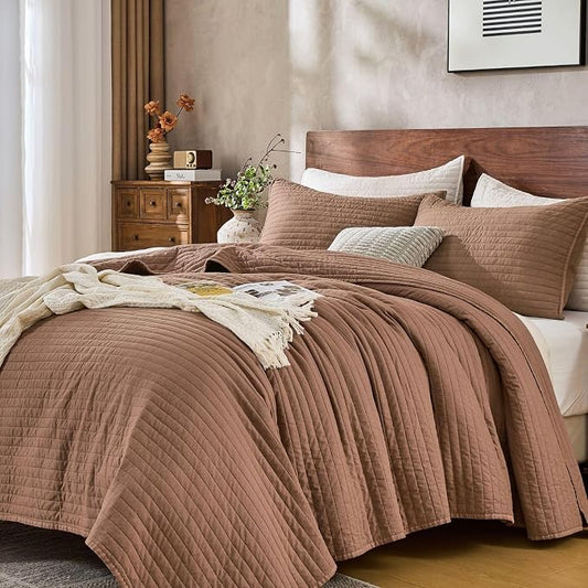 DOWN HOME King Quilt Bedding Set with Shams, Vintage Washed Quilted Blanket Thin Comforter Lightweight Bedspread Coverlet Bed Cover, Brushed Microfiber Stripe Stitching, Washed Terra, 104"x90"