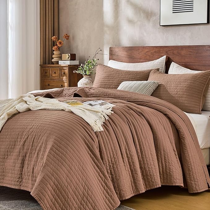 DOWN HOME Twin Quilt Bedding Set with Sham, Vintage Washed Quilted Blanket Thin Comforter Lightweight Bedspread Coverlet Bed Cover, Brushed Microfiber Stripe Stitching, Washed Terra, 66"x92"