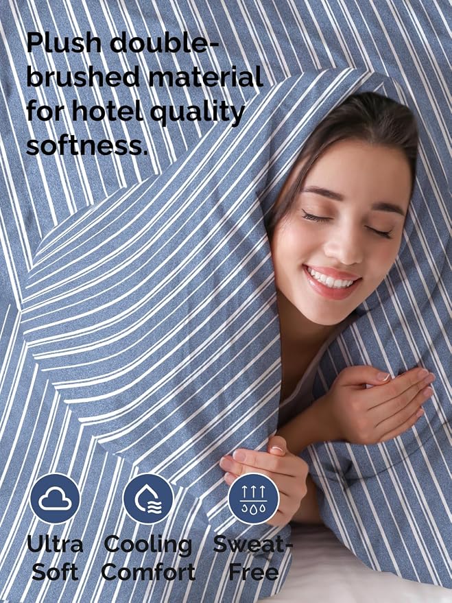 Duvet Cover Cal King Size - 3 Piece with Zipper Closure - Blue Stripes | Extra Soft, Breathable, Cal King Duvet Cover 104" x 98" with 2 Pillow Shams, Zipper Closures & Ties, Women, Men, Kids & Teens