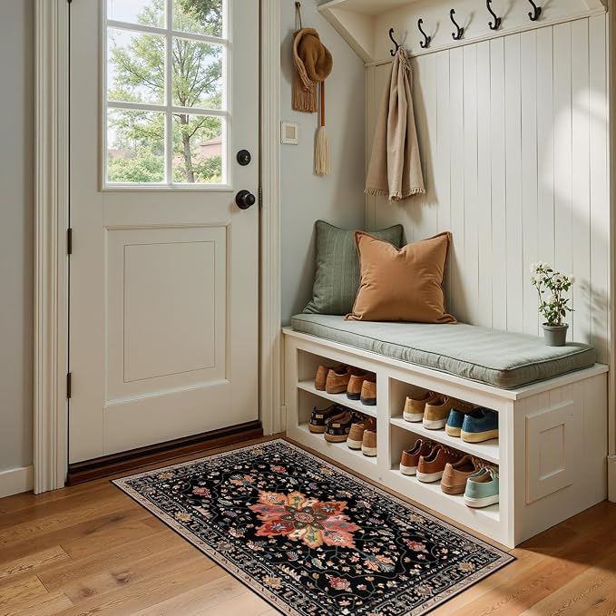 RELEANY Washable Area Rug, Small 2'x4', Black/Colorful | Non-Slip, Water Repellent, Pet Friendly, Easy to Clean, Vintage Floral Boho Decor for Kitchen Entryway Bathroom