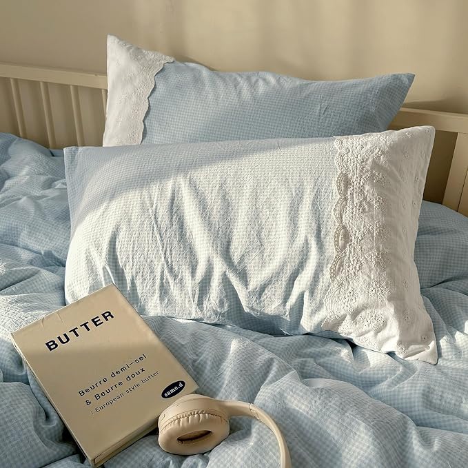 mixinni Blue Gingham Duvet Cover King Size - 3 Piece Cottagecore Plaid Bedding Set with Lace Trim, Soft Washed Microfiber Vintage Aesthetic Grid Comforter Cover & Pillow Shams, (Blue White Gingham)