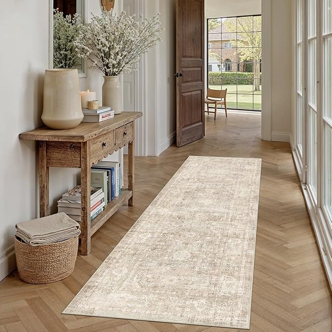 2x5 Beige Neutral Kitchen Hallway Runner Rug | Washable, Soft, Non Slip, Low Pile, Vintage, Distressed, Carpet for Bathroom Bedroom Indoor Nursery Home Decor