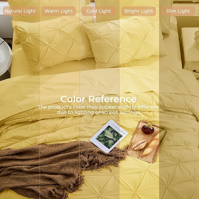 Sasttie Queen Comforter Set, 7-Piece Bed in a Bag, Pintuck Bedding Sets for All Season, Includes Comforter, Flat Sheet, Fitted Sheet, Pillowcases and Pillowshams, Mustard Yellow