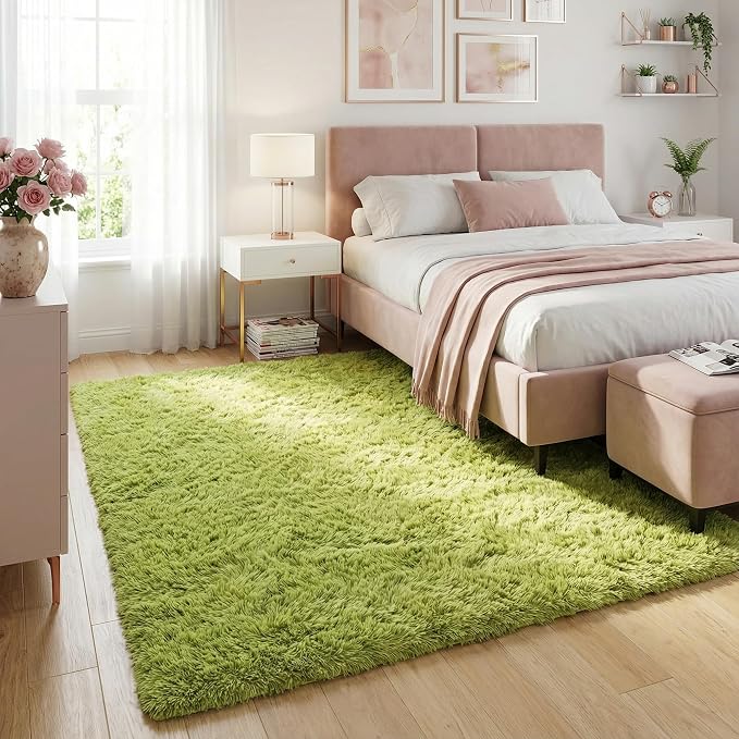Soft Modern Indoor Large Shaggy Rug for Livingroom Bedroom Dorm Kids Room Home Decorative, Non-Slip Plush Fluffy Furry Fur Area Rugs Comfy Nursery Accent Floor Carpet 3x5 Feet, Green