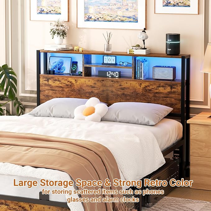Aheaplus Headboard for Full Size Bed with Storage, Headboards with Outlets | Full Size Head Board Only, USB Ports and LED Light, Height Adjustable, Reversible, Sturdy & Stable Headboard, Rustic Brown