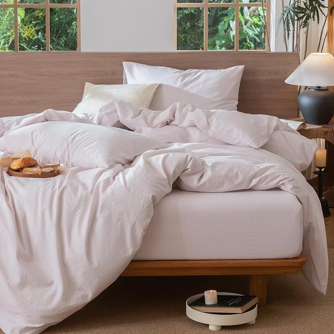 MooMee Striped Duvet Cover Set 100% Washed Cotton Linen Like Cal King | Relaxed Linen-like Texture. Soft, Breathable & Long-lasting Comfort. Lightweight. Hidden Zipper with 8 Interior Corner Ties
