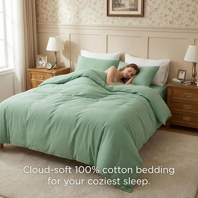 HeimenAogo Egyptian Cotton Duvet Cover Set King, Ultra Soft and Breathable Comforter Cover with Zipper Closure, High Thread Count Long Staple Cotton Blanke Cover 3pcs 104"×90", Silt Green